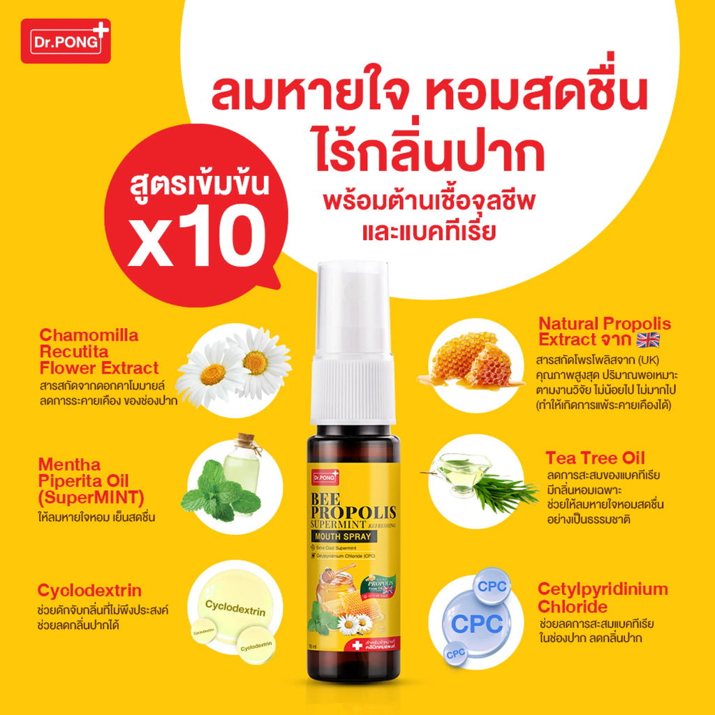Dr.PONG Bee Propolis Supermint mouth spray เม้าท์สเปรย์ สำหรับช่องปากและคอ พ่นชุ่มคอ บรรเทาเจ็บคอ